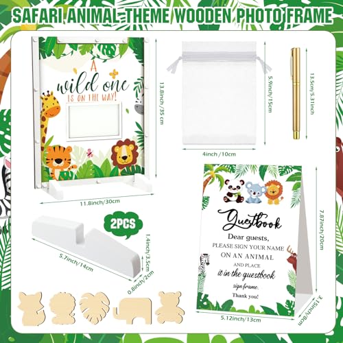 Image of Beeveer 65 Pcs Baby Shower Guest Book Alternatives Safari Animal Wild One Baby Shower Decorations Sign in Guest Book with Picture Frame and 60 Wooden Animal Chip Signature Board Keepsake Gifts