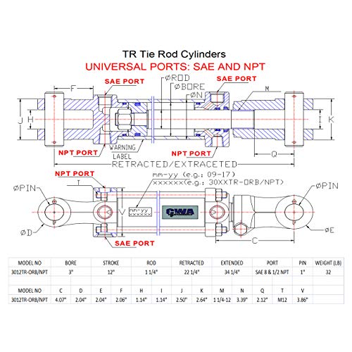 Image of TR Tie Rod Cylinder 3 inch Bore x 12 inch Stroke x 1 1 /4 inch Rod x 2500 PSI - Port: SAE 8 and 1 /2 NPT