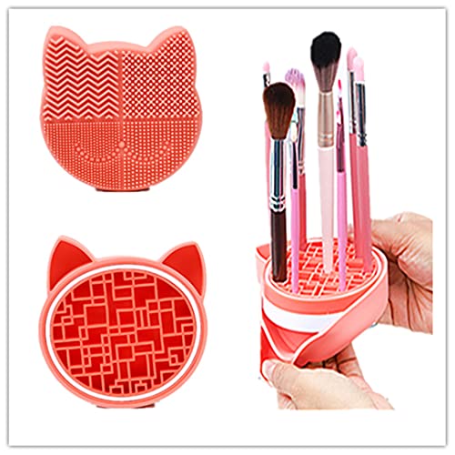 JIAYUE 3 in 1 Silicone Makeup Brush Cleaning Mat, Makeup Cleaning Brush Washing Mat, Makeup Brush Drying Rack, Portable Washing Tool, Easy To Carry Makeup Tools For Makeup (Coral orange)