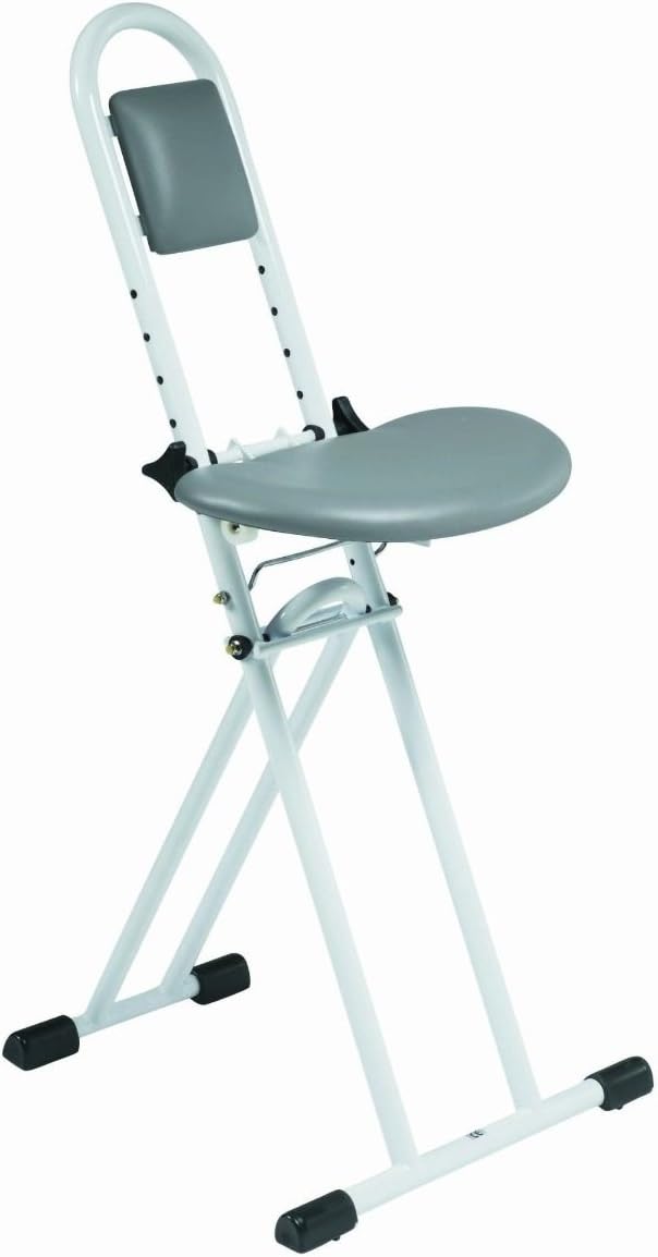 Folding perching / ironing stool with padded adjustable height seat