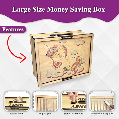 Image of Sketchfab Money Saving Box for Adult 100000, Wooden with Savings Tracker Bank Kids, Smart Piggy Bank, Box, Coin Box,Gullak Saver,Piggy Rs100000 Home Deal Gift Man, Women (Unicorn Cream)