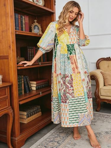 Image of CHARTOU Women Boho Floral Printed Long Dress Summer Lantern Half Sleeve Beach Flowy Loose Swing Chiffon Sundress