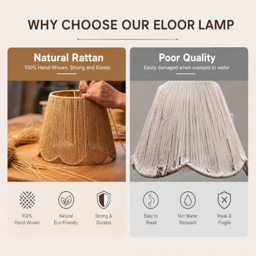 Image of Rattan Boho Arc Floor Lamp with Flower-Inspired Shade & 50FT Remote Control