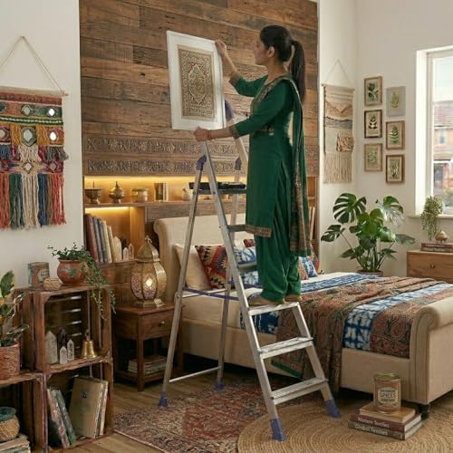 Image of CIPLA PLAST Step Ladder for Home Use | Foldable Aluminium Ladder for Home with Scratch Resistant | Anti Skid Shoes and Extra Strong Wide Steps | Home Pro Steps - (Silver & Blue) (6 Steps)