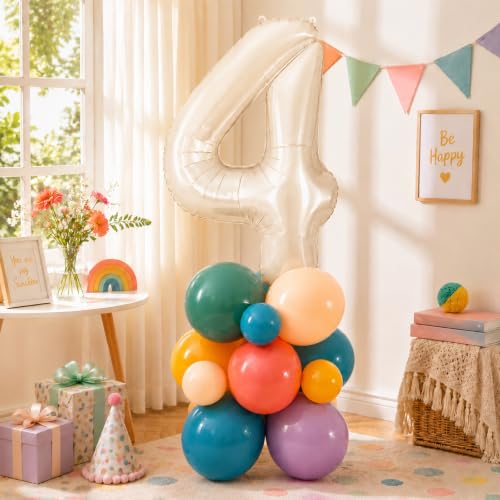 Image of 40 Inch Boho Rainbow Number 4 Balloon Tower for 4th Birthday Decorations