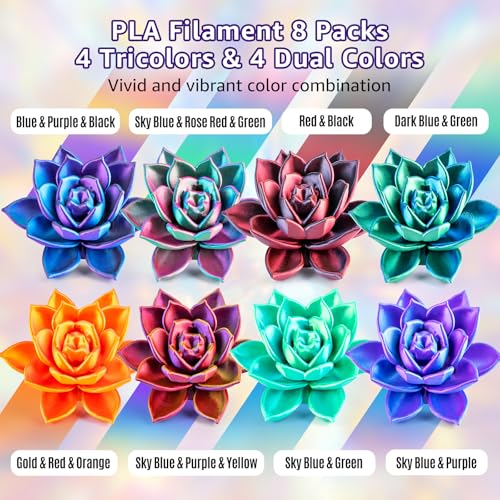 Image of Silk 3D Printing Filament PLA+ Multicolor 8 Packs- 4 Dual Colors Spools & 4 Tricolor Spools - 1.75mm 3D Printing PLA Pro 250g x 8 Bundles