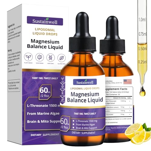 Magnesium L-Threonate Liquid Drops Magnesium L Threonate Supplement 1500mg High Absorption Brain Supplement for Memory Focus Sleep Sugar Free Vegan 4.08 Fl Oz(2 Pack) GMP Certified for Kids and Adults