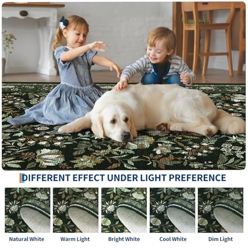 GarveeHome Moss Green Living Room Rug 5x7 Washable Floral Area Rugs for Bedroom Low Pile Non Slip Floor Cover Indoor Soft Non-Shedding Farmhouse Retro Throw Carpet for Dining Room Home Office Nursery
