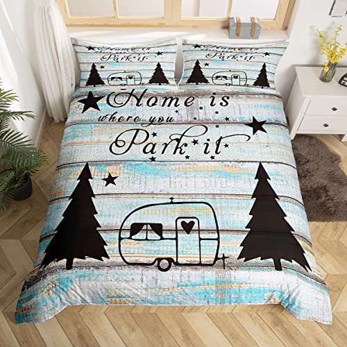 Camper Comforter Cover Camping Travel Car Bedding Set Happy Camping Theme Duvet Cover for Children Kids Boys Girls Microfiber Vintage Wooden Door Bedspread Cover Room Decor Bedclothes Twin S