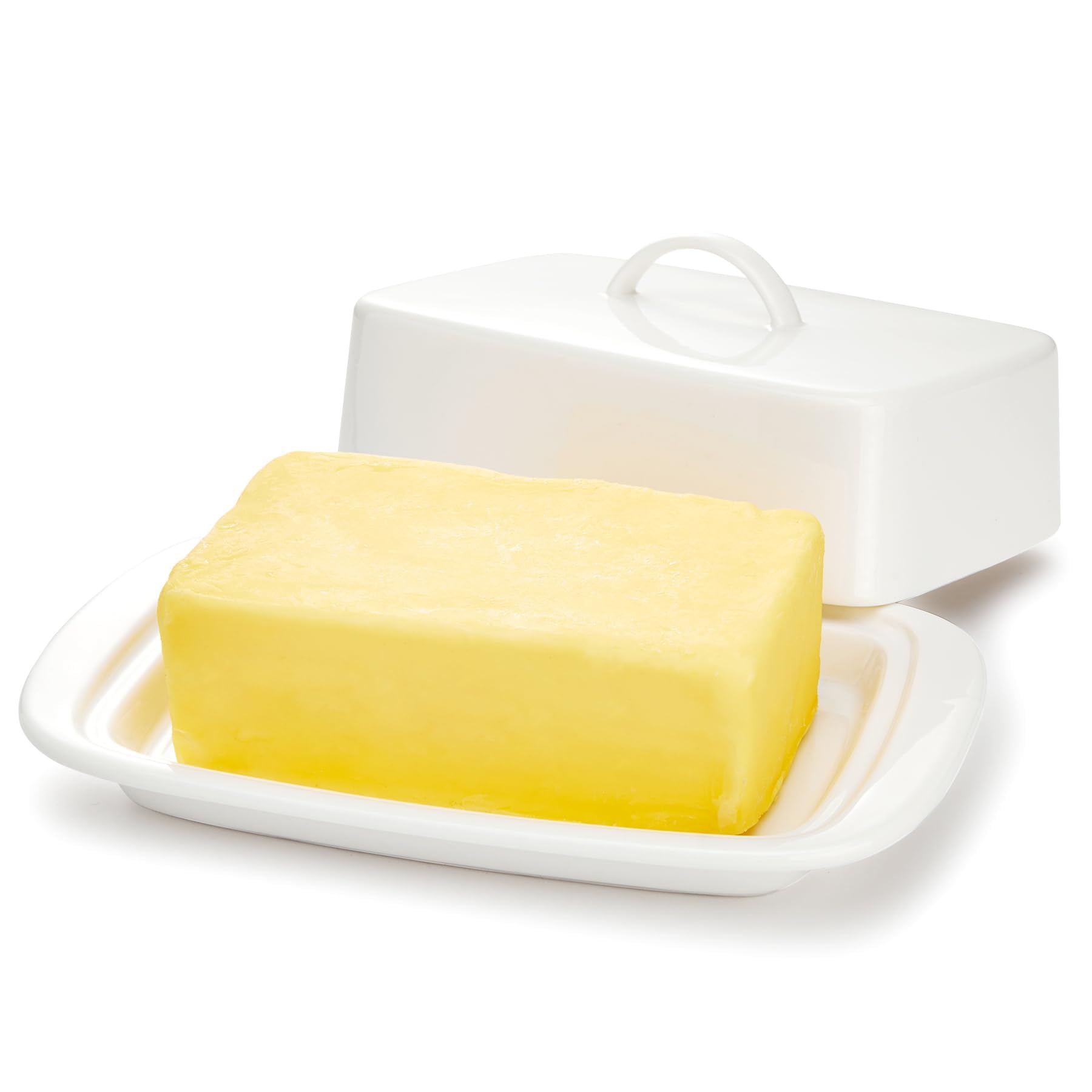 SweeseLarge Butter Dish with Lid for Countertop, Porcelain 8oz Butter Keeper with Handle Cover Design, 7.7 Inch Butter Container Perfect for East/West Coast Butter, White