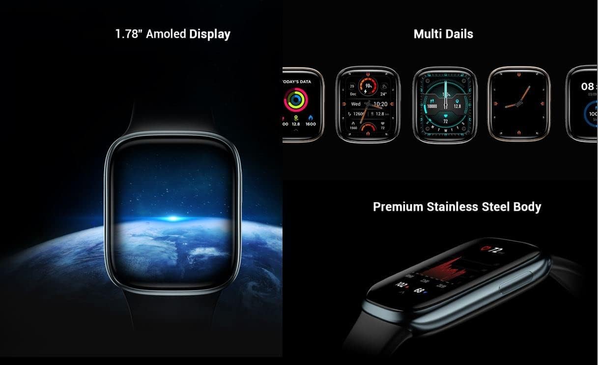 J-Style Smart Watch showing 1.78 inch AMOLED display, multiple watch faces, and premium stainless steel body.