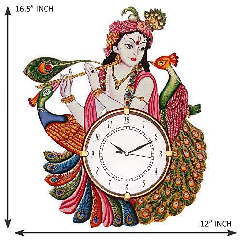 Image of Radhe Krishna Antique Wooden Wall Clock Handmade Vintage Round Analog Wall Clock for Home & Bedroom Decor