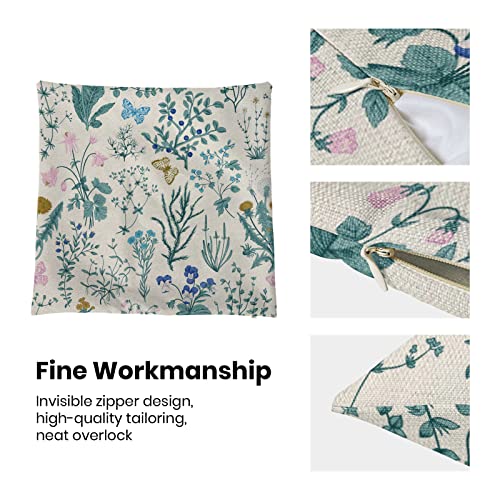 Image of AEIOAE Spring Pillow Covers 18x18 Inch Set of 2,Blue Teal Wild Flower Plant Throw Pillows Case,Seasonal Floral Outdoor Decorative Square Linen Farmhouse Decor Cushion Covers for Home Sofa Bed Couch