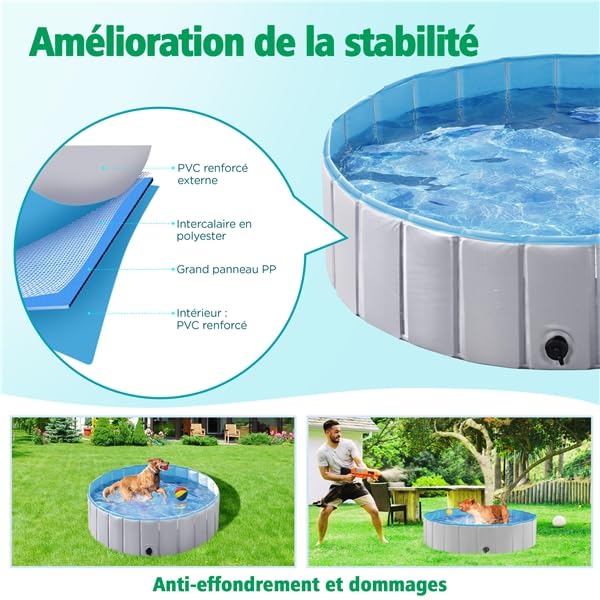 Yaheetech Piscine Chien Pliable 100 x 30cm Piscine Baignoire Chiens Bassin de Baignade Portable Bain pour Chien/Chat Extérieur Intérieur Antidérapant avec Patchs de réparation et Brosse Gris