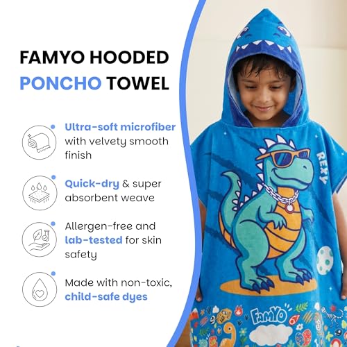 Image of Famyo Poncho Hood Maxx Towel for Kids 1-7 Years, Rexy Dino, 60 x 60 cm | Quick-dry microfiber hooded towel, soft, lightweight and absorbent for beach, pool and bath, suitable for boys and girls