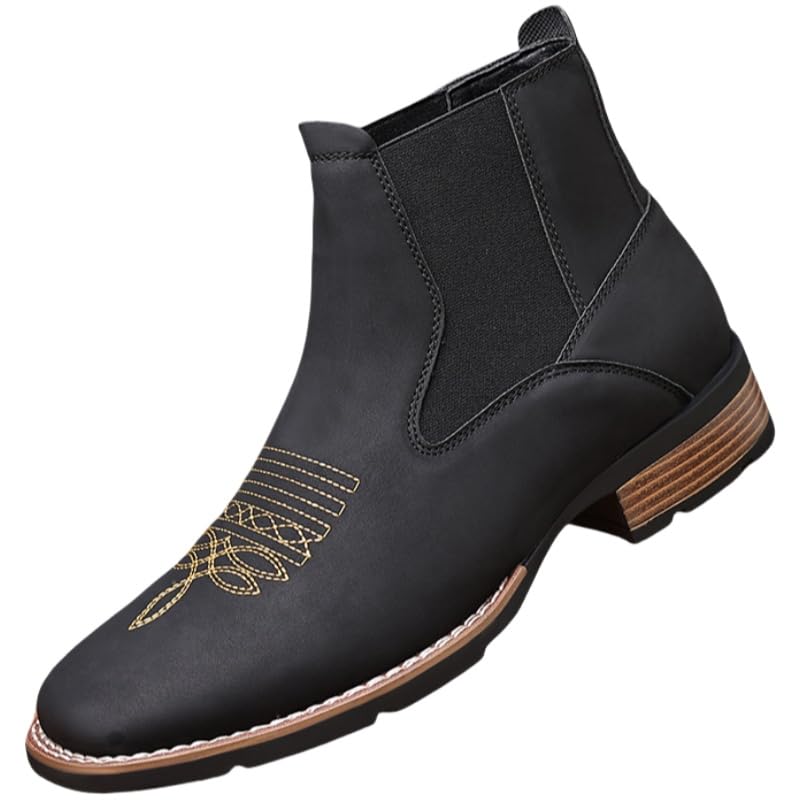 Large-sized men's embroidered ankle boots - Retro style with elastic sides and rubber soles, suitable for casual wear, parties, and autumn/winter seasons.