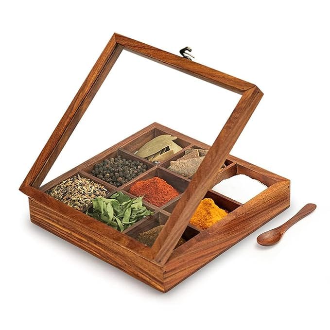 Boîte à épices Masala Dabba en bois de sheesham avec compartiments