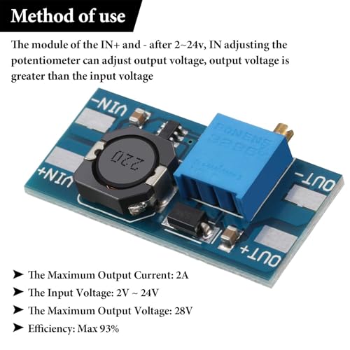 10 Packs DC-DC Boost Converter, 2A Adjustable Module Voltage Regulation Board, with an Input Voltage ranging from 2V to 24V and an Output Voltage ranging from 5V to 28V (Without USB Connector).3
