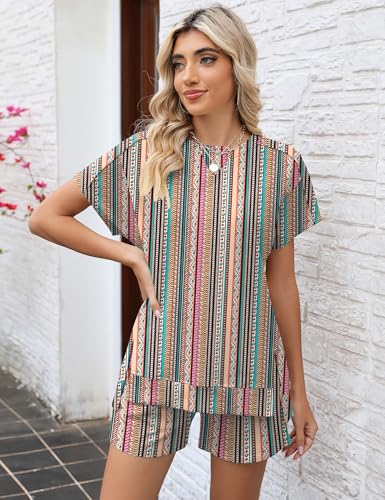 Image of LOMON Womens Fashion 2 Piece Outfits Sweatsuits 2026 Summer Short Sleeve Loungewear Tracksuit Round Neck Lounge Shorts Sets