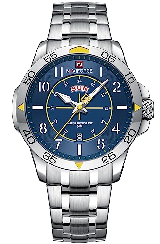 NAVIFORCE Mens Business Watch with Minimalist Design - Stainless Steel Waterproof Wristwatch with Automatic Day-Date Calendar Display, Silver Blue, Minimalist (B0CB3KNTQD) Amazon Price History, Amazon Price Tracker
