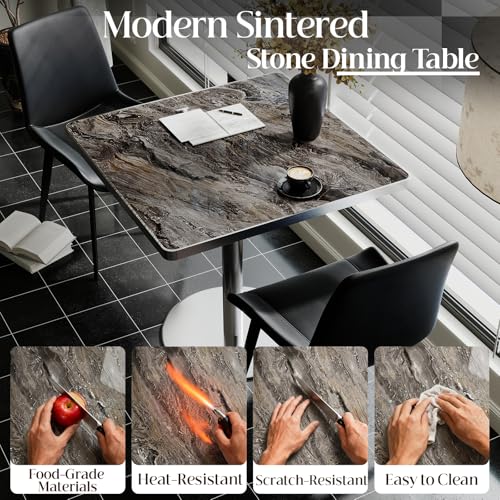 Image of 63 inch Square Dining Table, Tulip Table with 1.2 inch Thick Sintered Stone Tabletop and Silver Metal Pedestal Base,Small Square Dining Tables for Diner,Bar,Restaurant,kitchen,Bakery,Apartment(Starlight Gray)
