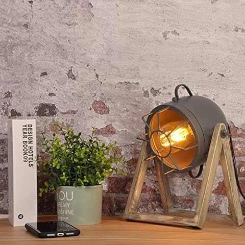 COSYLUX Vintage Table Lamp Grey Old Wood, Retro Searchlight Desk Light for Rustic Decor, Farmhouse Cage Cinema Adjustable Industrial Bedside Lighting for for Loft, Studio, Bedrooms (with no Bulb) Cover