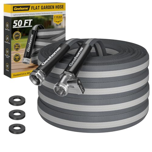 GEEHOME Lightweight Flat Garden Hose 50FT, Flexible Water Hose with Shutoff Valve, TPE Inner Tube, 3/4" Metal Fittings, Practical Dark Finish for Garden, Yard and Outdoor Cleaning