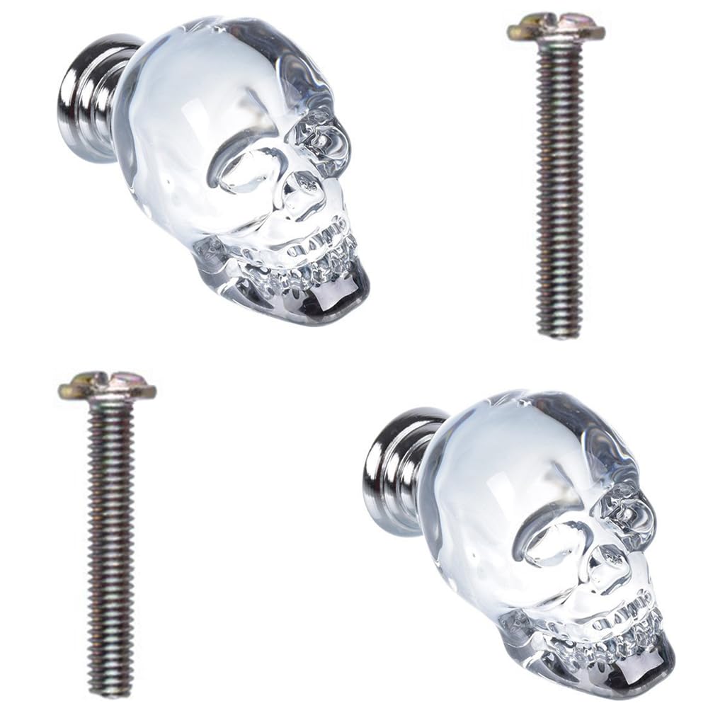 TopHomer 2 Pack Crystal Glass Door Knobs, Skull Furniture Handles Clear Kitchen Cabinet Pull Knobs for Cupboard Closet Drawer, Thickness Between 17-22mm