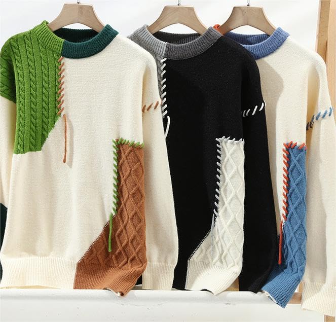 Autumn and Winter Mens Cable Knit Sweater Loose Fit Crewneck Color Block Long Sleeve Pullovers Tops2