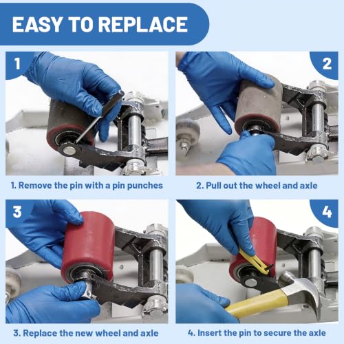 Image of A Pair Pallet Jack Load Wheels Replacement Kit 3 inchx3.75 inch(74.5mm x 93mm) Red | Including Heavy Duty PU Tread Wheels,Pre-Installed Bearings ID 20mm,Axles& Pins, Also for Manual Hand Lift Truck Rear