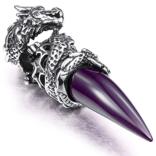 INBLUE Dragon Wolf Tooth Pendant for Men Women Stainless Steel Cool Necklaces Simulate Crystal Gemstone Boyfriend Gifts Jewelry with 23 Inches Chain