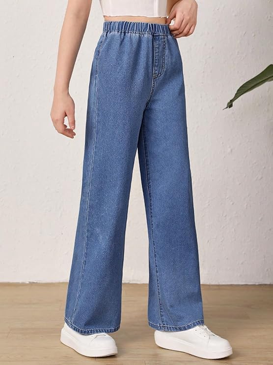 Image of ADBUCKS Girl's Stretch Denim Wide Leg Jeans Comfort Fit with Elastic Waistband, Straight Cut, Casual Style for All Seasons, Versatile Clothing