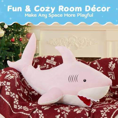 Image of MorisMos 39inch Giant Shark Stuffed Animal, Large Stuffed Shark Plush, Big Sharks Pillow Gift for Kids Girlfriend, Pink