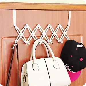 Kliffo Adjustable 6-Hook Flexible Back Door Hook Hanger, Stainless Steel Heavy Duty Door Hanger for Clothes, Coats, Robes, Hats, Towel Rack Organizer, Bathroom Kitchen Hooks , Pack of 1 , Silver