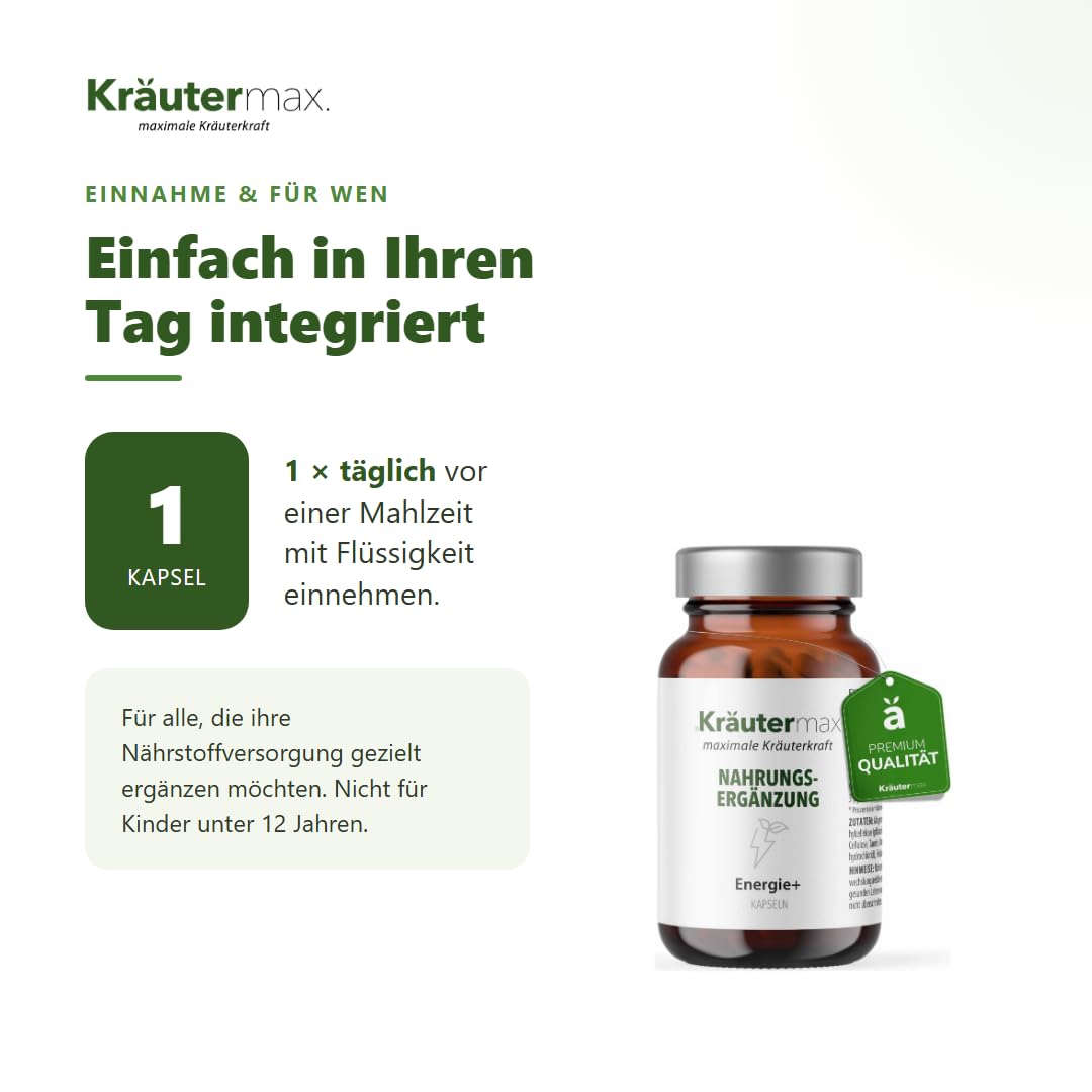Kräutermax Energie plus Kapseln, Energie Komplex mit B Vitamine, Magnesium, L-Carnitin, Q10, Taurin, Hochdosiert, 75 Stück