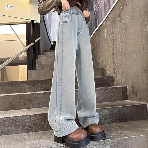 Baggy Jeans for Girls Straight Leg High Elastic Waist Slim Denim Pants Y2K Boyfriend Skater Wavy Edge Clothes3