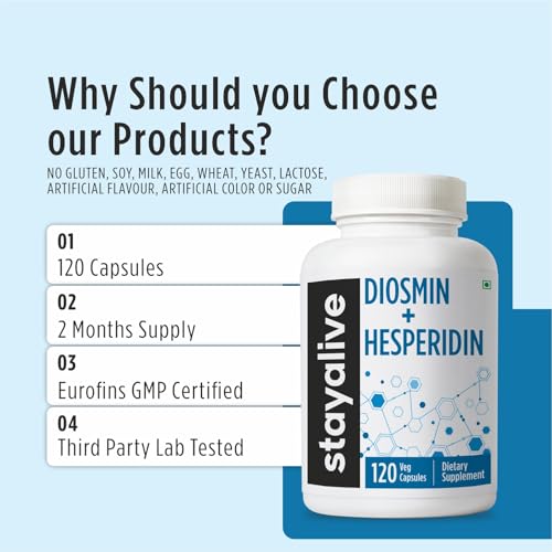 Image of STAY ALIVE Diosmin Hesperidin 1000mg Complex, 120 Count, Citrus Bioflavonoids Rich Fruit Extract, 2 Month Supply, 100% Vegetarian, Non-GMO & Gluten Free Hesperidin and Diosmin Supplement Capsules