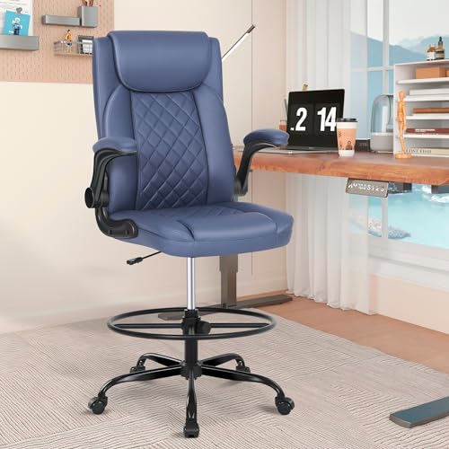 Image of Misolant Drafting Chair with Footrest Ring, Tall Office Chair for Standing Desk, Standing Chair with Adjustable Height and Flip-up Armrest, PU Leather High