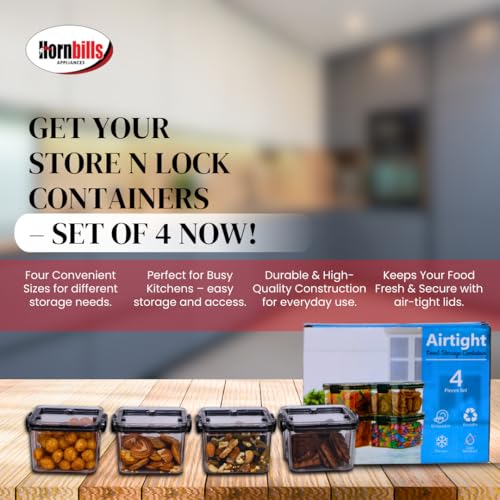 Image of HORNBILLS Seal & Lock Airtight Food Storage Containers Set - 400ml (Pack of 4) | Kitchen Organizing Accessories | Leakproof, BPA Free & Food Grade Material Plastic Boxes For Kitchen & Fridge Organizer