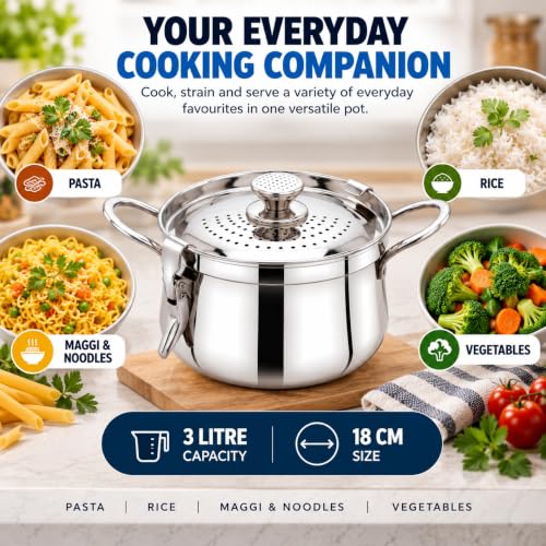 Image of Pigeon Nexa Stainless Steel Strainer Pot 3Litre - Cooking Strainer Pot for Pasta, Noodles, Vegetables, and Rice | Locking Design | Induction Base | 1 Year Warranty