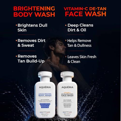 Image of Aqueria De-Tan & Brightening Face & Body Care Combo | Vitamin C Face Wash (200ml) + Instant De-Tan Exfoliating Body Wash (200ml) | Helps Reduce , Pigmentation, Dark Spots & Uneven Skin Tone | Deep Cleansing & Gentle Exfoliation | For Men & Women