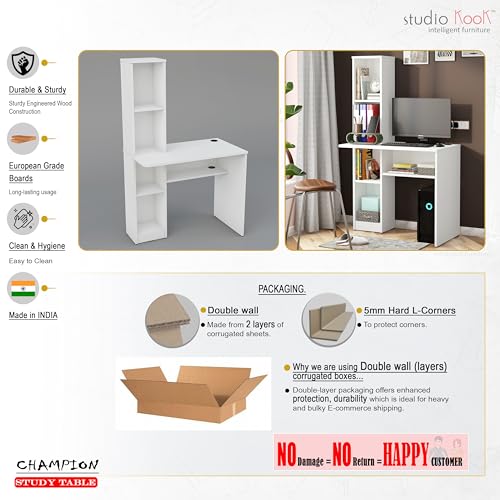 Image of Studio Kook Champion Engineered Wood Study Table with Storage, Matte Finish, 5 Shelves (Moonshine White)