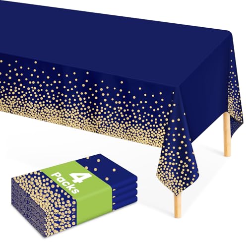 Image of 4 Pcs Navy Blue Plastic Tablecloth Gold Dot Blue Table Cloths, 54x108 inches Disposable Gold Dot Confetti Dark Blue Table Cover for Anniversary Friendsgiving Fine Dining Graduation Party Decoration