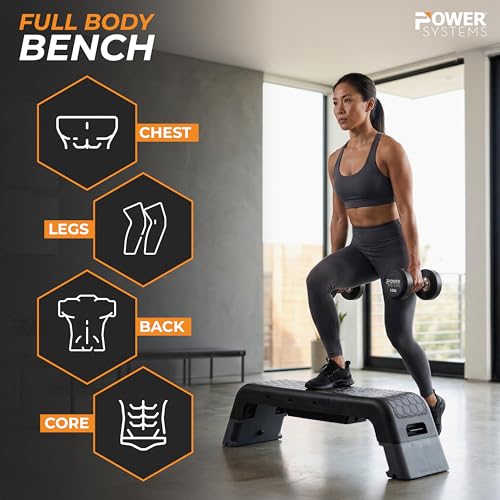 Image of Power Systems Step Bench & Weight Bench | Aerobic Platform & Plyo Box for Cardio, Strength | Commercial Grade Full Body Home Gym Stepper | Adjustable Multifunctional Deck & Resistance Band Clips