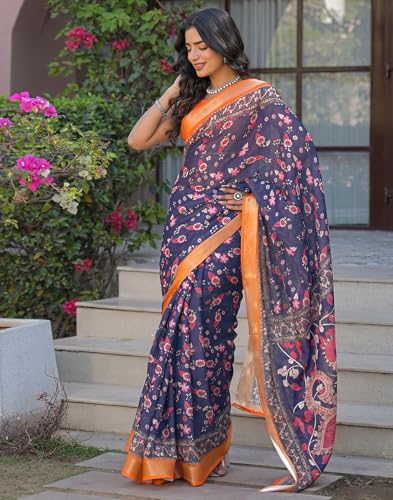 Image of SIRIL Women's Printed Cotton Saree with Unstitched Blouse Piece