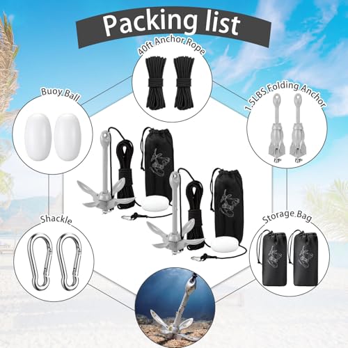 Image of Lounsweer 2 Pack 1.5 /3.5 lb Marine Kayak Anchor Kit Folding Grapnel Anchor Kit Boat Kayak Fishing Accessories for Small Boats Kayaks Canoe Paddle Boards
