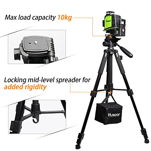 Huepar Lightweight TPD14 56" Adjustable Laser Level Tripod with 3-Way Swivel Pan Head, Quick Release Plate with 1/4" Screw Mount, Bubble Level, Multi-Function Hook and 5/8" UNF Adapter Nut