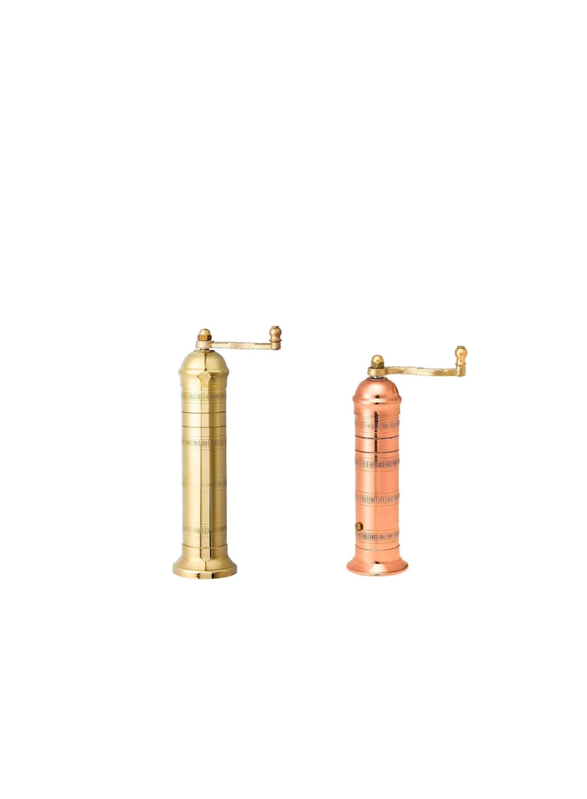 Lot de 2 moulins à sel grecs européens authentiques en laiton et cuivre - Moulin à sel en laiton doré de 20,3 cm / 20,3 cm et moulin à poivre en cuivre de 19,1 cm / 19,1 cm élégant - Shaker de cuisine