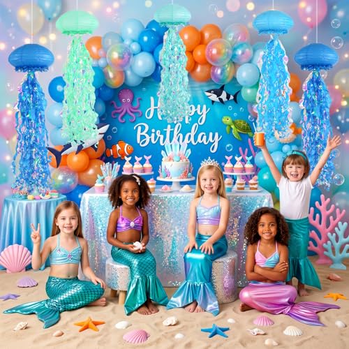 Image of 8 Pack Jellyfish Paper Lanterns, Blue Teal Mermaid Under the Sea Decor Kit | Ruffled edges and iridescent streamers for hanging jellyfish decorations birthday under sea baby shower ocean decor