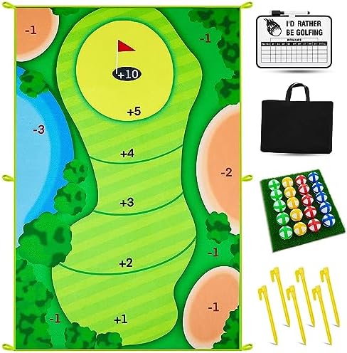 71” x 47” Golf Chipping Game Set Golf Games for Adults Indoor Battle Golf Game with Scorecard 20 Grip Golf Balls 6 Ground Stakes Chipping Mat Storage Bag Golf Gifts for Men Family Outdoor (Simple)